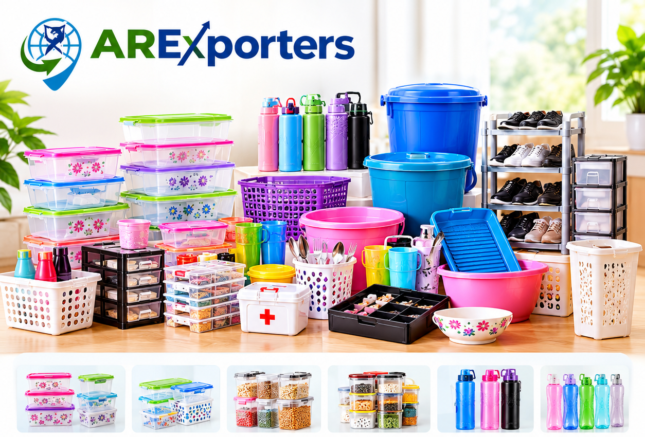 Colorful plastic baskets, bottles, trays and storage containers